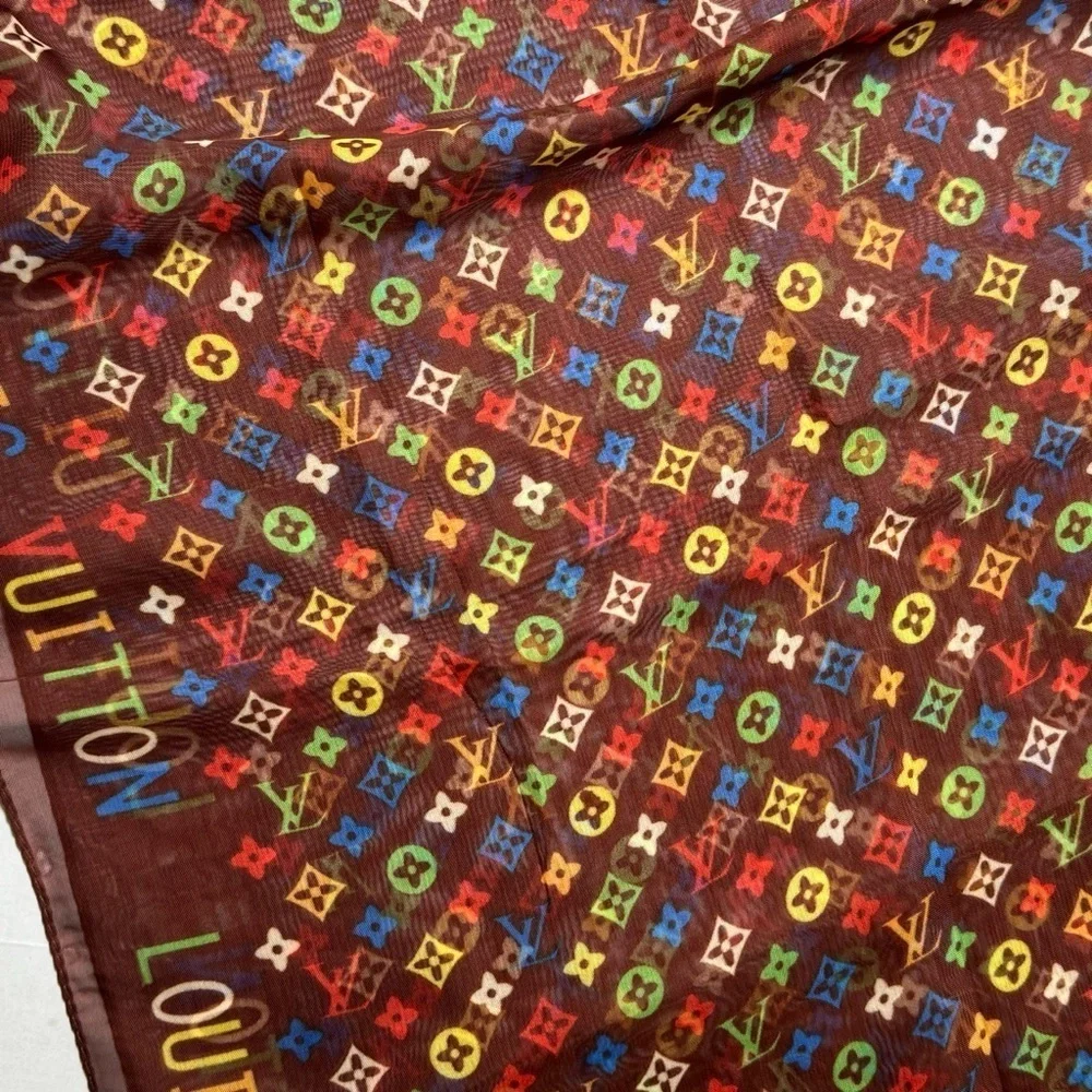 Louis Vuitton Vintage Silk Monogram Multicolor Rectangle Scarf in Brown